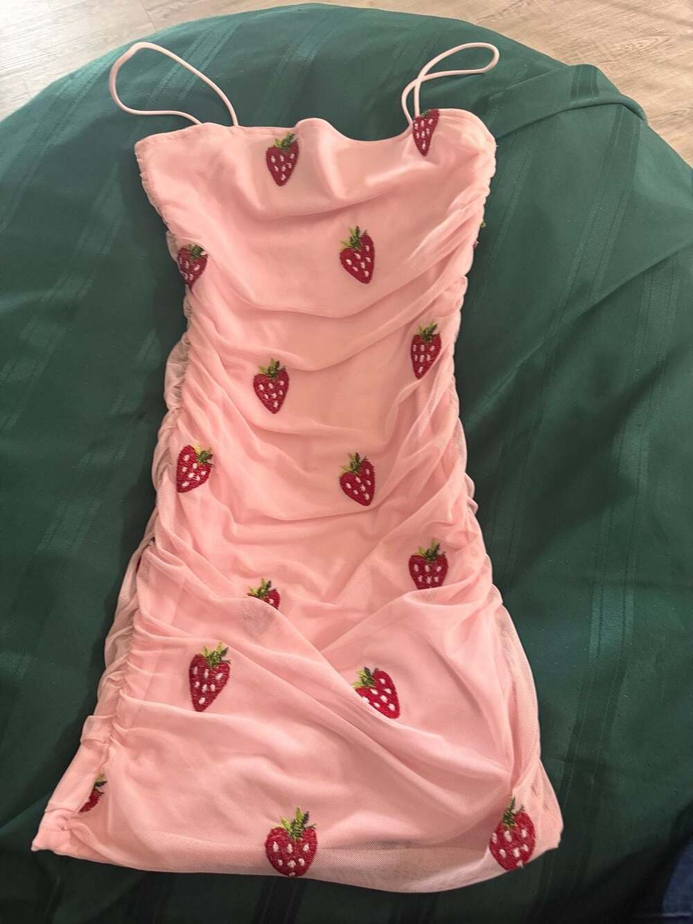 rue21 Pink Strawberry Embroidered Mesh Ruched Mini Dress Size S